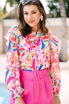 bright blouses, bold blouses, colorful blouses, workwear, boutique blouses Brunch Outfits, Look On The Bright Side, Seasonal Color Analysis, Beach Vacation Outfits, Mint Julep Boutique, On The Bright Side, Cruise Outfits, Pink Abstract, Brunch Outfit