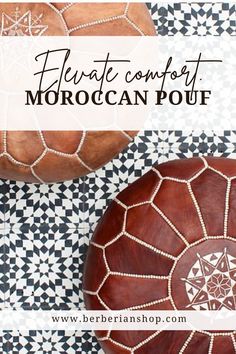 two moroccan poufs on a black and white tile floor with text overlay