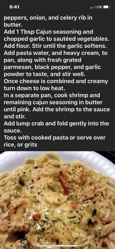 the recipe for pasta with shrimp is shown in an advertizer's description