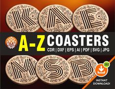 four wooden coasters with the words a - z coasters on them