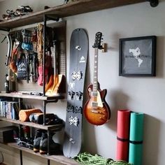 a room filled with lots of different types of guitars and musical instruments on shelves next to each other