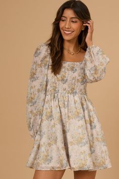 Get ready to make a statement at your next event with this adorable smocked babydoll dress, made from the most elegant floral fabric. White Dress Boots, Cold Weather Dresses, Dresses For Fall, Dresses Church, Babydoll Dresses, Altard State Dresses, Floral Babydoll Dress, Skirts With Boots, Boho Mini Dress