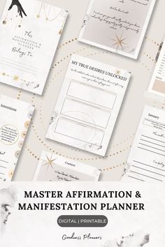 the master affirmation and maniestation planner is shown with gold dots on it