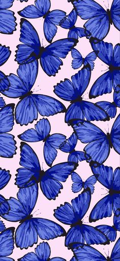 blue butterflies flying in the air on a pink and white background with black outlines