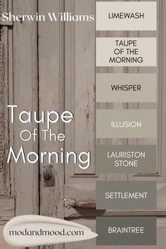 Sherwin Williams Taupe of the Morning color strip features Limewash, Taupe of the Morning, Whisper, Illusion, Lauriston Stone, Settlement, and Braintree, swatched over a photo of a taupe colored door. Benjamin Moore Smokey Taupe, Sherwin Williams Taupe, Taupe Of The Morning, Perfect Greige, Smokey Taupe, Paint Color Schemes