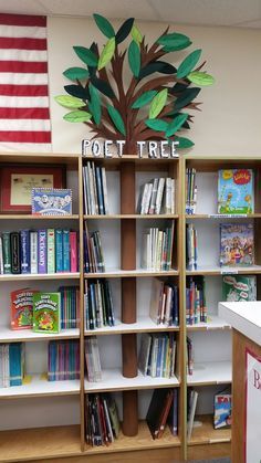 a book shelf filled with lots of books next to an american flag