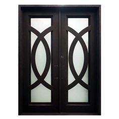 an image of a double door with glass panels on the front and side doors in dark wood