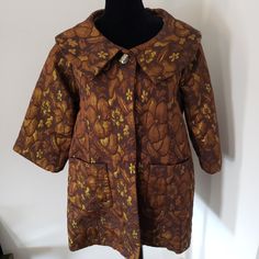 Super Awesome 60s Style Swing Coat With Raised Golden And Bronze Brocade Floral Pattern. 3/4 Sleeve. Large Pockets. Super Stylish Vintage Looking Piece But Its Brand New! Perfect For Fall Or Spring Weather. Totally Fabulous!! Nwt! Retro Lined Outerwear For Fall, Retro Fall Outerwear For Vintage Fashion, Retro Cotton Outerwear For Spring, Chic Vintage Spring Outerwear, Retro Spring Workwear Outerwear, Retro Outerwear For Office, Vintage Spring Workwear Outerwear, Vintage Spring Outerwear For Work, Vintage Outerwear For Spring Workwear