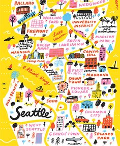 an illustrated map of seattle, with the names and cities on it's yellow background