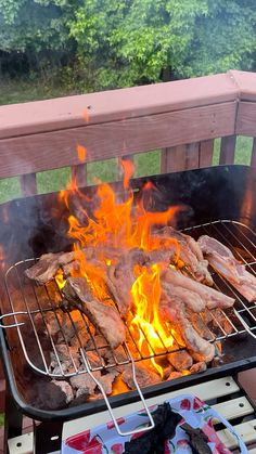 a bbq grill with meat on it and flames coming from the burner area