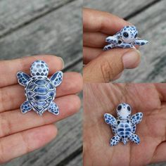 two pictures of small sea turtle brooches being held by someone's hand