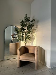 a chair sitting in front of a mirror next to a plant