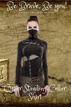 Step into a darkly elegant cyber future with the Cyber Steampunk Gothic Stand Collar T-Shirt. This futuristic dark tee features a dramatic high collar reminiscent of Victorian elegance with a rebellious twist. Made from soft, lightweight fabric, the Cyber Steampunk Gothic Stand Collar T-Shirt envelops you in gothic mystery. The stand collar and long sleeves contrast with the punk spirit of the metallic print. Silver gears, chains, and rivets adorn the black fabric for a blend of romanticism and Victorian Style Clothing, Steampunk Items, Gothic Vintage, Collar Tshirt, Moda Vintage, Steampunk Fashion, Cotton Style, High Collar, Collar Shirts