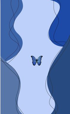 a blue butterfly flying through the air with wavy lines on it's back ground