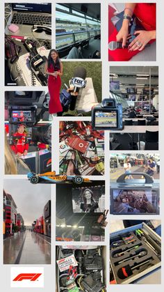 a collage of photos showing various types of electronics and equipment in an area with people standing around