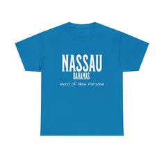 FREE SHIPPING on this item Get lost in paradise with our Nassau Bahamas Unisex Heavy Cotton Tee. Experience the laid back Caribbean life while exploring the stunning beaches and vibrant culture of the Bahamas. Soft, heavy cotton material makes this tee perfect for any adventure. Feel the island vibes and bring a piece of paradise with you wherever you go. The unisex heavy cotton tee is the basic staple of any wardrobe. It is the foundation upon which casual fashion grows. All it needs is a perso Tropical Cotton T-shirt With Screen Print, Cotton Tropical T-shirt With Screen Print, Relaxed Fit Tropical Cotton T-shirt, Blue Tropical Cotton T-shirt, Tropical Cotton Crew Neck T-shirt, Pre-shrunk Cotton T-shirt For Vacation, Vacation Cotton Shirt Pre-shrunk, Caribbean Decor, Caribbean Life