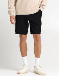 Rsq Mid-Length Chino Shorts. Falls Above The Knee. Slant Hand Pockets. Zip Fly. Button Waist. Dual Back Welt Pockets With Rsq Logo Flag At Left Side. Approximate Inseam: 9". Approximate Outseam: 19.5". 76% Cotton 21% Repreve Recycled Polyester 3% Spandex. Machine Wash. Imported. | Rsq Mid Length 9" Chino Shorts Black Shorts Outfit Men, Chino Shorts Outfit, Socks Outfit Men, Chino Shorts Men, Black Shorts Outfit, Fashion Guys, Black Chino Shorts, Mens Shorts Outfits, Sock Outfits