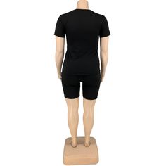 Plus Size Summer Casual Solid Color Short Sleeve Round Neck T-shirt Biker Shorts Two Piece Set Black Letter Print Short Top, Casual Black Short Set, Black Casual Short Set, Black Cotton Short Set, Casual Stretch Short Set With Short Sleeves, Casual Short Sleeve Stretch Short Set, Black Biker Shorts With Letter Print, Black Athleisure Sets With Short Sleeves, Casual Biker Shorts With Letter Print