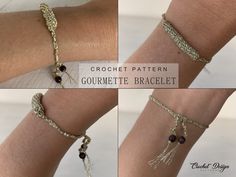 three pictures of different bracelets on someone's arm with beads and tassels