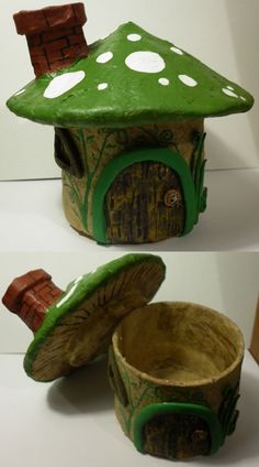 two different views of a green house made out of wood and paper mache with white polka dots on the roof