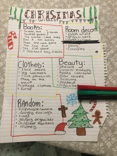 a christmas wish list is shown on a piece of paper with markers and pencils