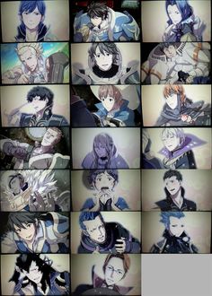 many different pictures of anime characters with blue hair