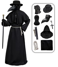 a man in a black robe and hat with various accessories