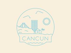 the logo for cancun is shown in blue on a beige background with clouds and buildings