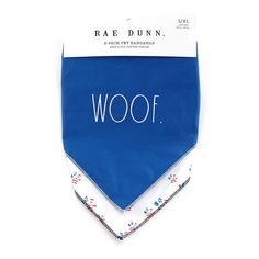 three bandannas with the word woof printed on them in white and blue