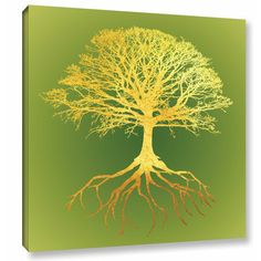 a tree with yellow leaves and roots on a green background canvas print wall art decor