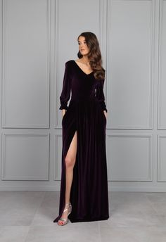 "Bridesmaid Velvet Dress. Gown Dress for Women. Our Dresses made from High Quality Fabric. ❖ If you wish other neckline, back, sleeves, slit, pockets.. write it in order's note. ❖ Material is quality, flexible and stretchy. ❖ The top of the dress is lined. ❖ In my shop the size scale is different. Please read the dress description and find your size. ❖ Ordering the dress, write a note with your height without shoes, bust, waist, hips measurements, how high shoes heels will be. (XXS) US 0 /UK 2/- Long Sleeve Wedding Guest Dresses, Velvet Dress Maxi, Handfasting Ceremony, Plum Bridesmaid, Long Velvet Dress, Maxi Dress Winter, Velvet Dress Long, Velvet Bridesmaid Dresses, Plum Dress