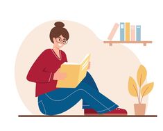 a woman sitting on the floor reading a book with bookshelves in the background