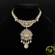 Statement Gold lookalike Kundan Necklace - Necklace -Choker Purple Jeweled Wedding Necklace, Elegant Purple Bridal Necklace For Wedding, Unique Purple Jeweled Dangle Jewelry, Elegant Kundan Dangle Necklace For Wedding, Bridal Pendant Necklace With 17 Jewels For Party, Elegant Purple Necklace For Wedding, Purple Jeweled Jewelry For Wedding, Purple Wedding Jewelry With Jewels, Gold Amethyst Necklace For Wedding