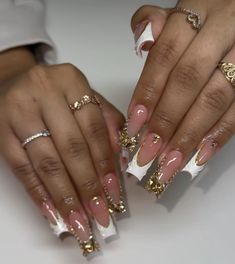 Nails That Go With Gold Jewelry, White And Gold Nails Square, Birthday Nails White And Gold, White And Gold French Nails, Gold Rhinestone French Tip Nails, White French Tip Nails With Gold, White And Gold Birthday Nails, White And Gold Nail Ideas, Gold And White Acrylic Nails