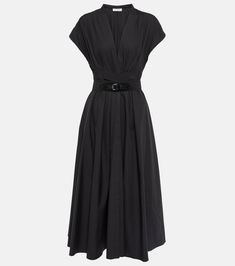 Belted cotton poplin midi dress in black - Alaia | Mytheresa Black Poplin Dress, Soiree Outfits, Alaia Dress, Emerald Dress, White Mules, Black Attire, Midi Length Skirts, Poplin Dress, Jason Wu