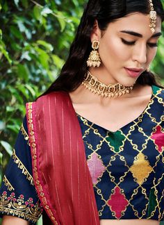 Shop Designer Lehenga Online - HATKAY Navy Blue Lehenga, Navy Blue Embroidery, Bridesmaid Lehenga, Silk Lehenga Choli, Shibori Print, Blue Lehenga, Lehenga Online, Short Blouses, Lehenga Choli Online