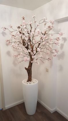 a white vase filled with pink flowers sitting on top of a wooden floor next to a wall