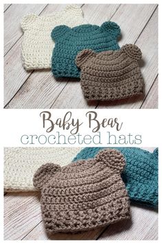 three crocheted hats with teddy bears on them and the words baby bear written in white