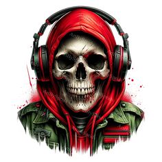 a skull wearing headphones and a red hoodie