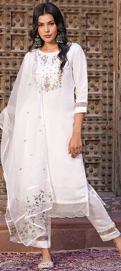 White and Off White color Salwar Kameez in Viscose fabric with Embroidered work Readymade Salwar Kameez, Suit White, Anarkali Kurti, Indian Wedding Wear, Kurtis With Pants, Salwar Kameez Designs, Organza Dupatta, Rajasthan India, Salwar Suit