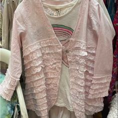 Soft Pink Linen One Button Jacket. Frayed Ruffles Down Front And On Bottom Of Sleeves. Perfect For Summer Evenings On The Coast.Boxy Fit. Pit To Pit Across 23” Shoulder To Hem 27” Tags On Never Worn. Pink Ruffled Cardigan For Spring, Casual Pink Cardigan With Ruffles, Pink Ruffled Cardigan For Fall, Pink Casual Cardigan With Ruffles, Casual Pink Ruffled Cardigan, Spring Cotton Button-up Cardigan, Pink Long Sleeve Cardigan With Ruffles, Spring Lagenlook Outerwear With Buttons, Lagenlook Outerwear With Buttons For Spring