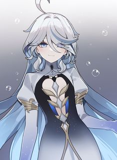 an anime character with long white hair and blue eyes, wearing a costume that looks like she