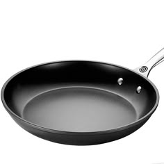 an empty frying pan is shown on a white background with the handle extended up