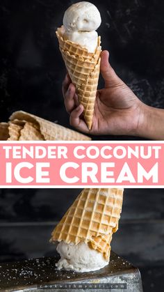 a hand holding an ice cream cone with the words tender coconut ice cream on it