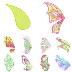 several different colored butterfly wings on a white background with watercolor paint and glitters