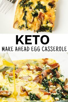 keto makes ahead egg casserole with spinach and cheese on the side