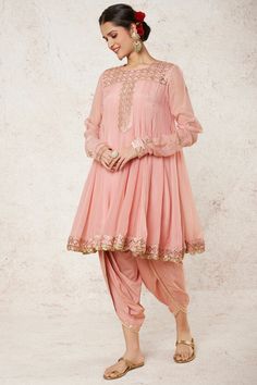 Gopi Vaid-Ahana Pink Kurta And Dhoti-INDIASPOPUP.COM Dhoti Frock Dress, Dhoti Frock, Kurta With Dhoti, Gota Embroidery, Pink Kurta, Indian Arts And Crafts, Indian Wedding Outfit, Celebrity Closet, Short Kurta