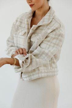 Light Taupe in color Plaid Cropped Lined Functional buttons Two pockets on front 100% Polyester Ashely’s Height is 5’6 and is wearing a Small, Model’s measurements are, Chest “34, Waist ‘’26, Hips ‘’36. Cropped Shacket, Sweater Dress, Plaid, How To Wear, Color