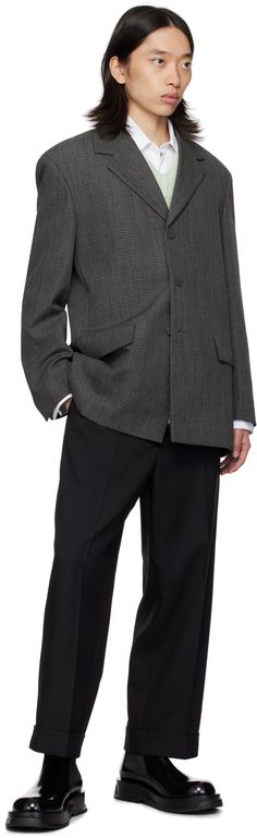 Virgin wool canvas blazer. Check pattern throughout. · Notched lapel · Button closure · Flap pockets · Padded shoulders · Welt pockets at interior · Viscose twill lining Supplier color: Dark edge Designer Business Blazer With Hidden Button Closure, Designer Long Sleeve Blazer For Business, Designer Single Button Office Blazer, Designer Single Button Blazer For Work, Designer Single-breasted Business Blazer, Designer Wool Blazer With Single Button, Designer Single Button Wool Blazer, Designer Single Button Blazer With Lapel Collar, Designer Single Button Outerwear For Business