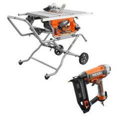 an orange and black table sawing machine next to a tool stand with two tools on it